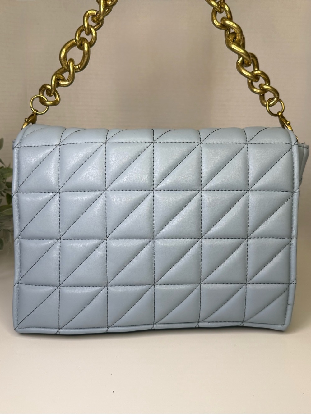 Zara Baby Blue & Gold Quilted Shoulder Bag Gold Chain Accent Strap - Picture 3 of 16